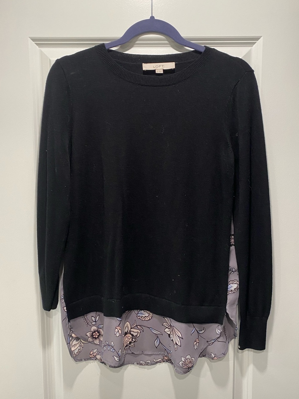 LOFT Black Crewneck Sweater with Floral Slip Hem